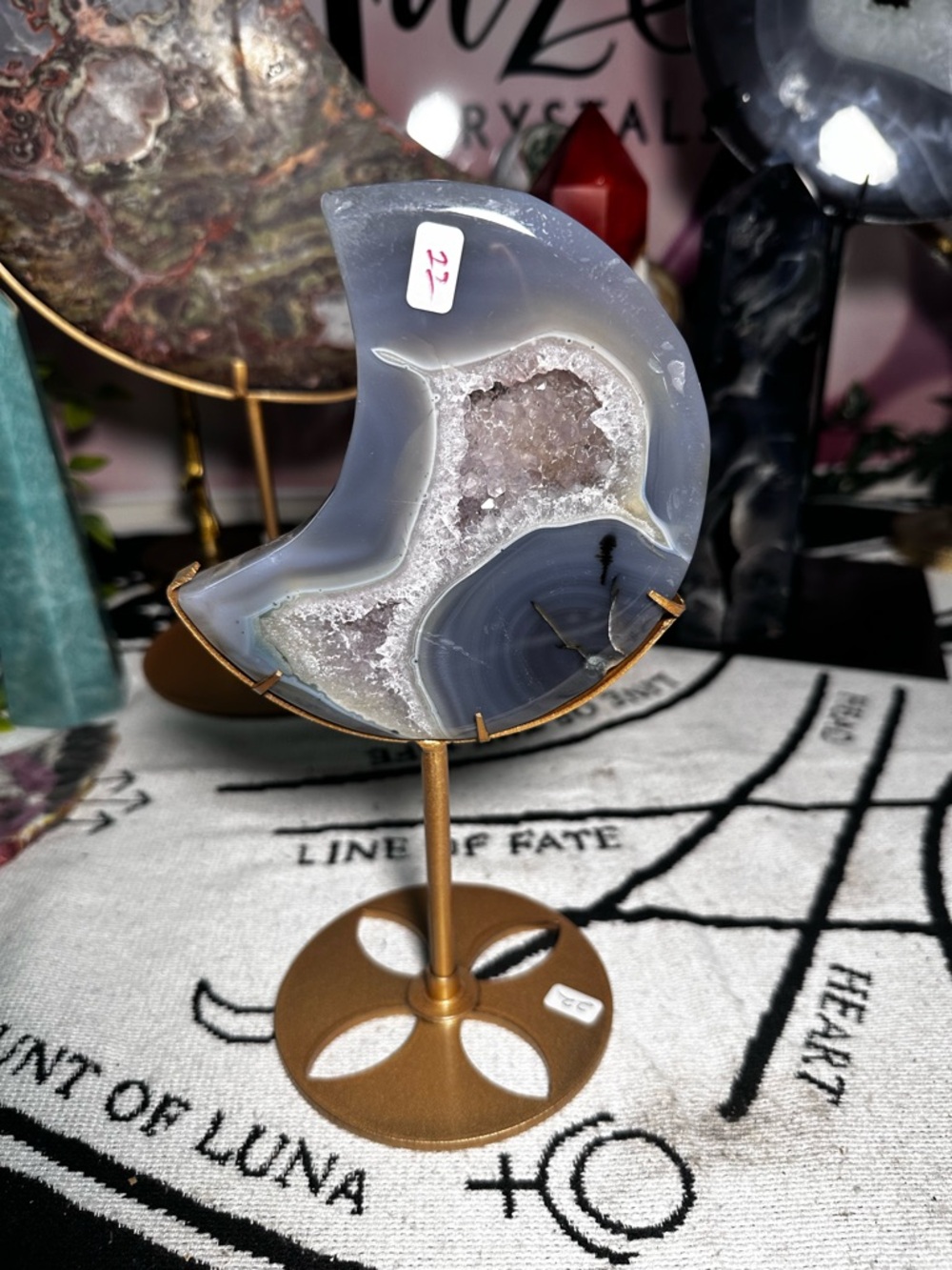 Polished Gray Agate Moon Geode with Amethyst druzy on Gold Stand